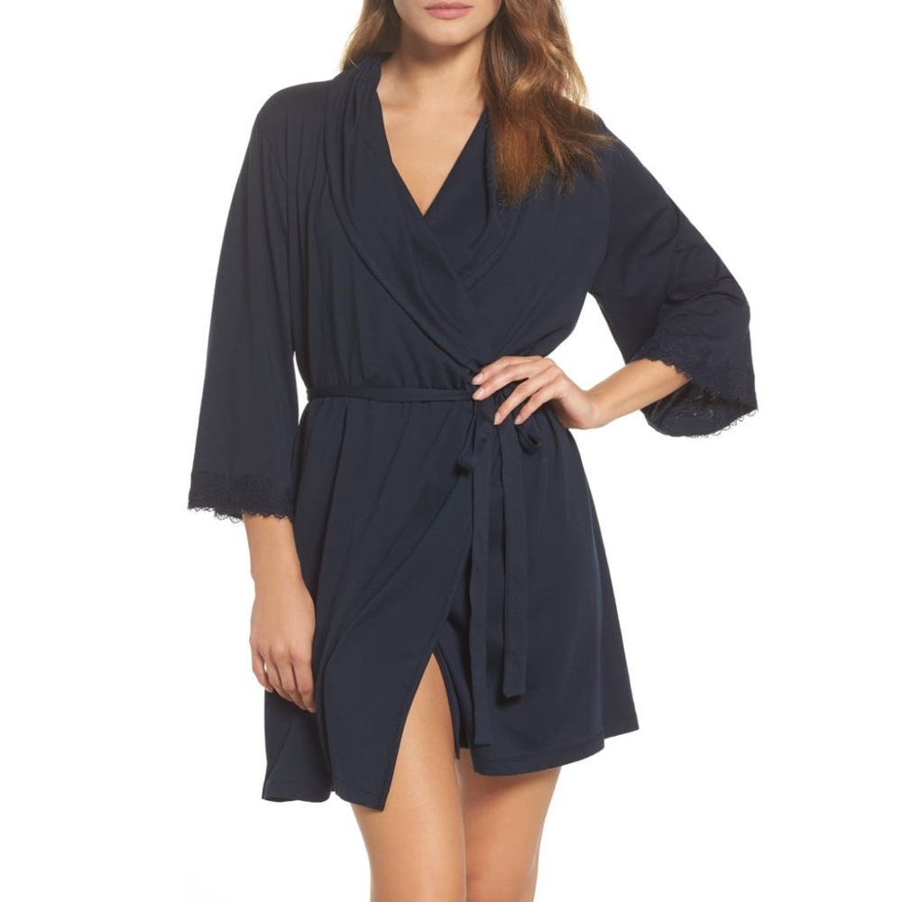 NEW Skin Organic Dark Blue Cotton Short Robe Shawl Collar 3/4 Lace Trim Size MED